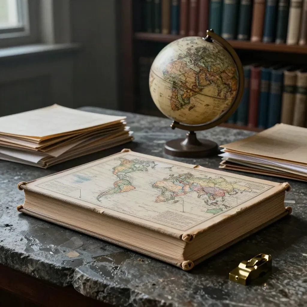 Atlas, globus i teczki archiwalne na kamiennej powierzchni w mrocznym świetle wieczoru.