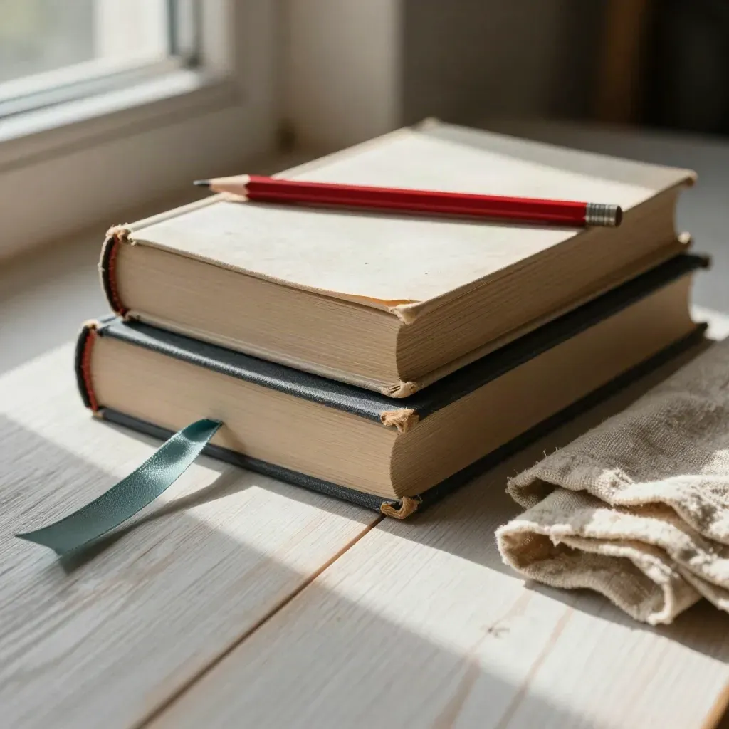 Zamknięte książki, notes, czerwony ołówek i złożony len na jasnym drewnie przy oknie.